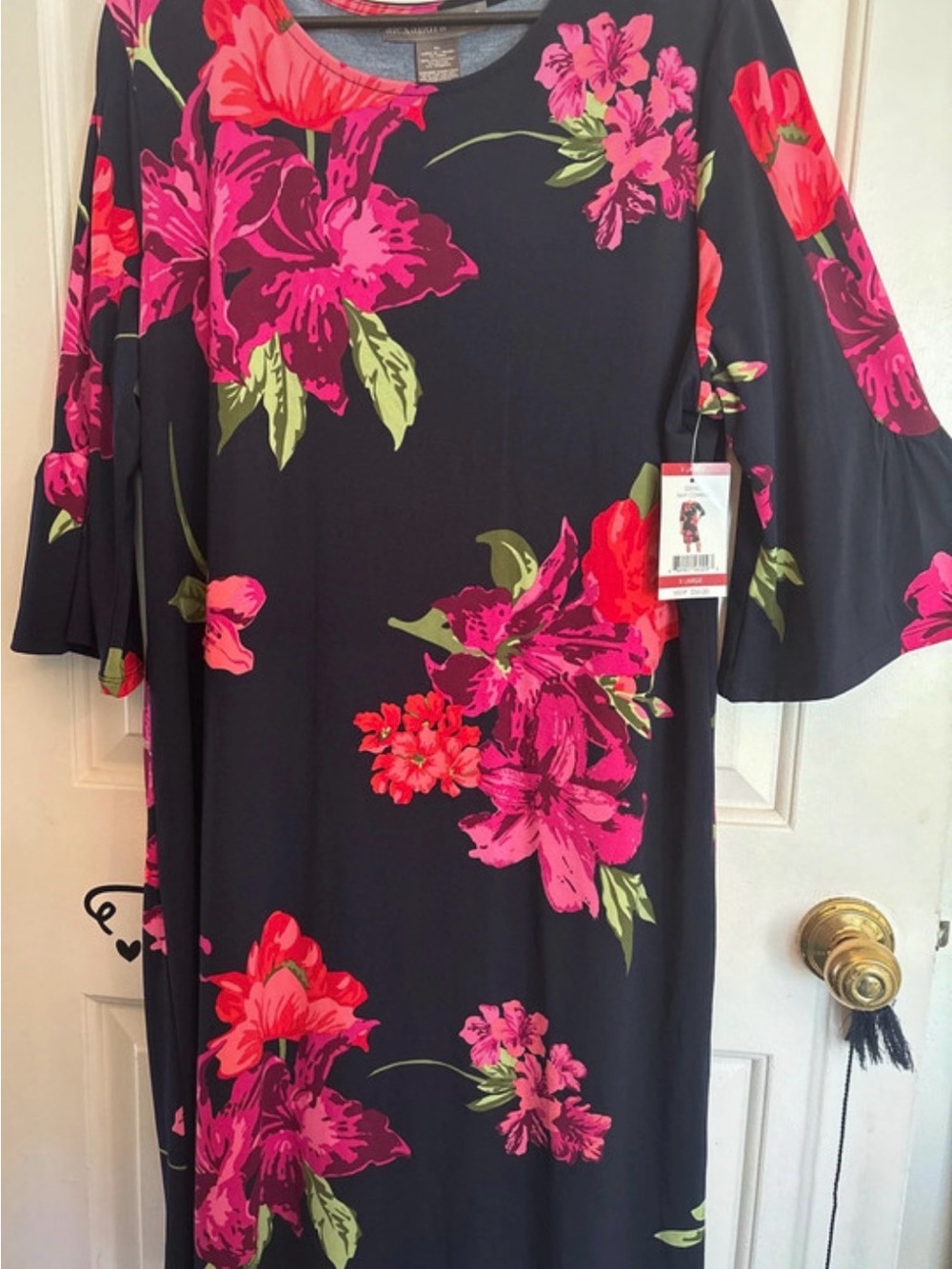Floral Bell-Sleeve Midi Dress - Navy with Pink Floral